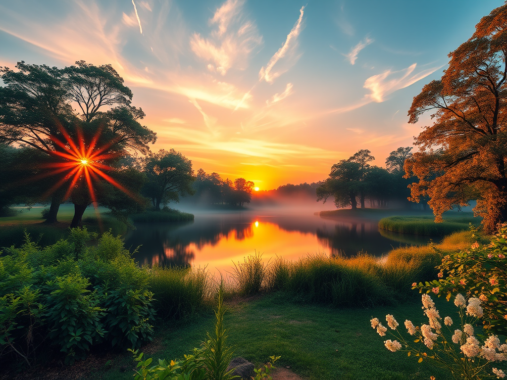 A serene landscape at sunset, featuring a calm lake surrounded by trees. The sun is peeking through the foliage, creating a starburst effect, while colorful clouds fill the sky. Lush greenery and flowering plants frame the foreground, enhancing the peaceful atmosphere.