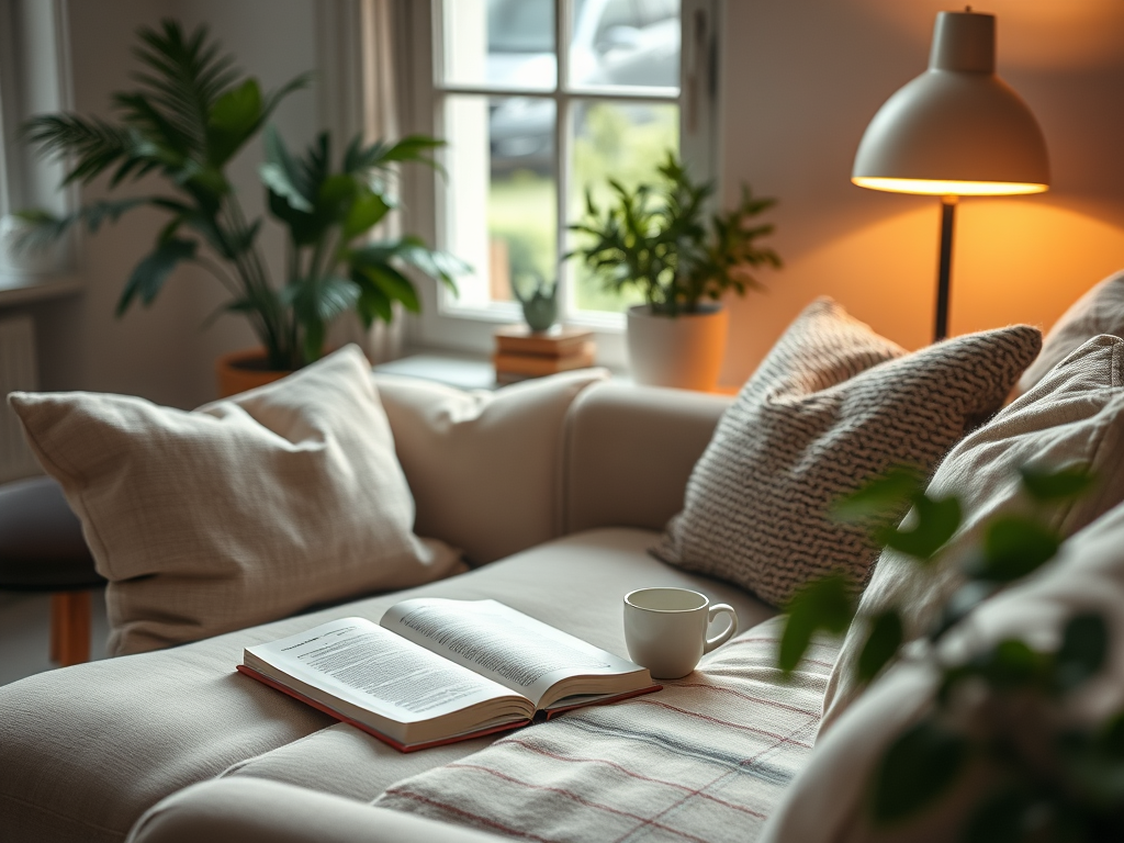 A cozy living room scene featuring a beige sectional sofa adorned with patterned cushions. An open book rests on a striped throw, accompanied by a white mug, while greenery from potted plants and warm lighting create a tranquil atmosphere.