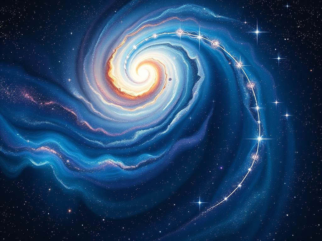 A vibrant, swirling galaxy with shades of blue, orange, and white, featuring a spiral design and twinkling stars, evoking a sense of cosmic adventure and exploration.