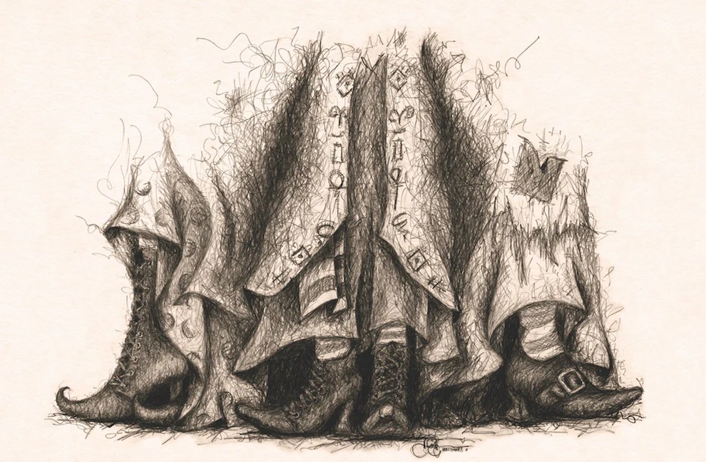 A whimsical illustration featuring the lower parts of several figures wearing various styles of shoes and cloaks, emphasizing a playful and artistic interpretation.