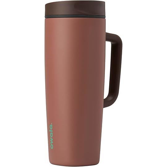 A brown Owala SmoothSip insulated travel mug with a sturdy ergonomic handle and a sliding lid mechanism.
