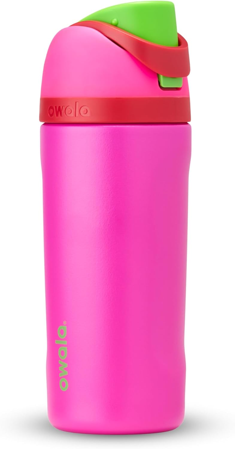 A vibrant pink Owala insulated water bottle with a green and red sliding lid mechanism.