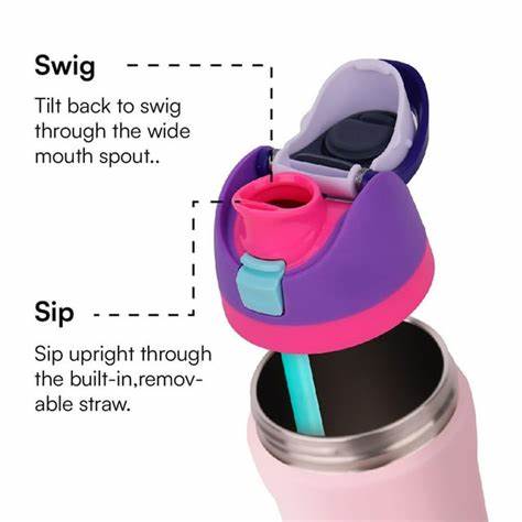 Close-up of an insulated water bottle lid featuring two drinking modes: 'Swig' through a wide mouth spout and 'Sip' using a built-in removable straw.